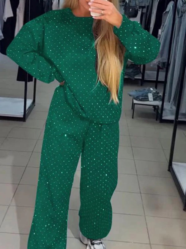 Women's casual round neck long sleeve full body hot diamond drawstring ankle two piece suit