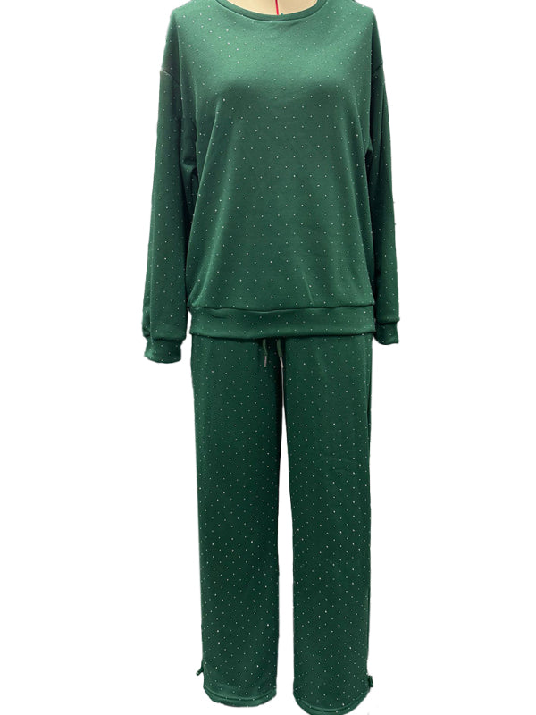 Women's casual round neck long sleeve full body hot diamond drawstring ankle two piece suit