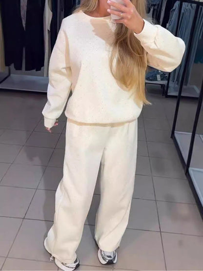 Women's casual round neck long sleeve full body hot diamond drawstring ankle two piece suit