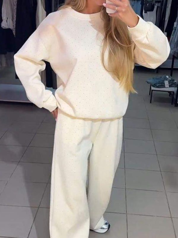 Women's casual round neck long sleeve full body hot diamond drawstring ankle two piece suit