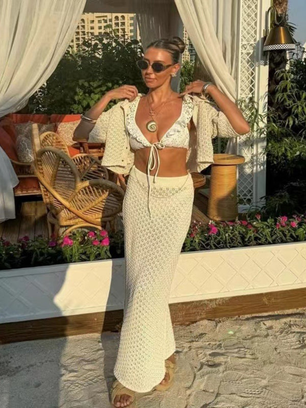 Knitted Crochet Dress Suit Multicolor Cardigan Button Skirt All-match Set