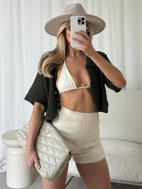 Knitted Crochet Dress Suit Multicolor Cardigan Button Skirt All-match Set