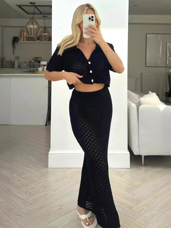 Knitted Crochet Dress Suit Multicolor Cardigan Button Skirt All-match Set