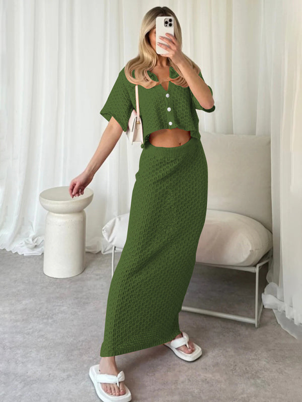 Knitted Crochet Dress Suit Multicolor Cardigan Button Skirt All-match Set