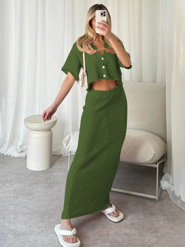 Knitted Crochet Dress Suit Multicolor Cardigan Button Skirt All-match Set