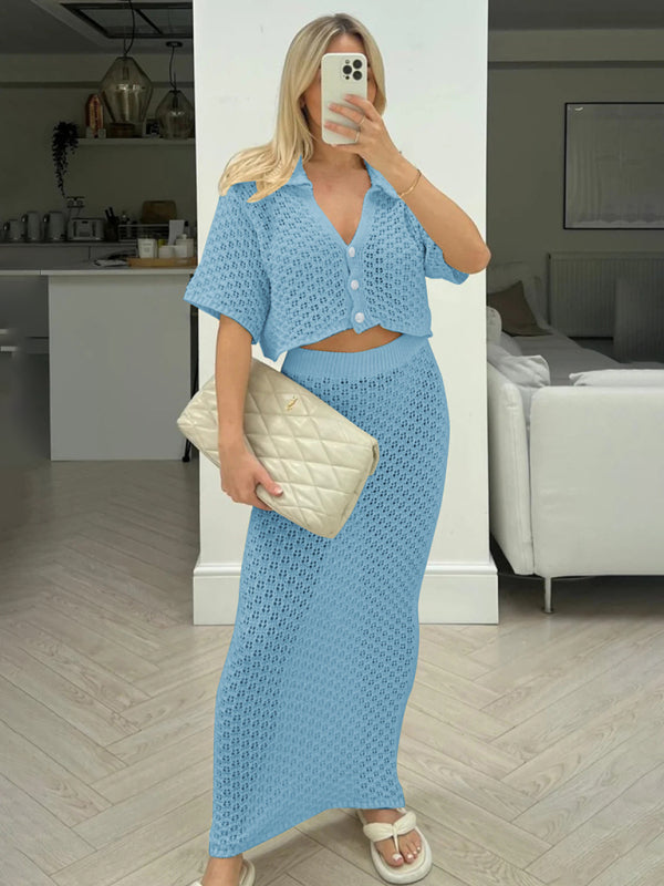 Knitted Crochet Dress Suit Multicolor Cardigan Button Skirt All-match Set