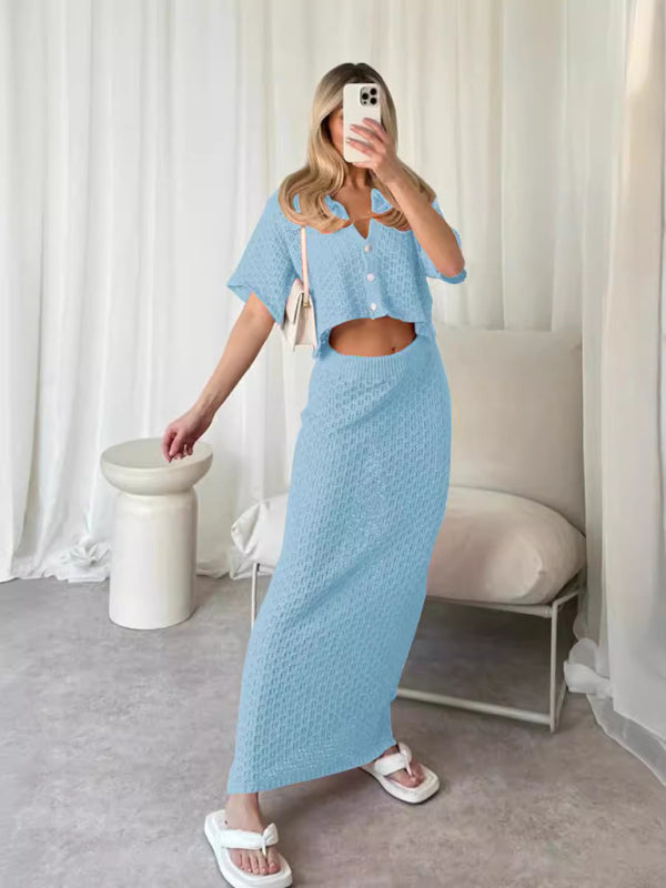 Knitted Crochet Dress Suit Multicolor Cardigan Button Skirt All-match Set