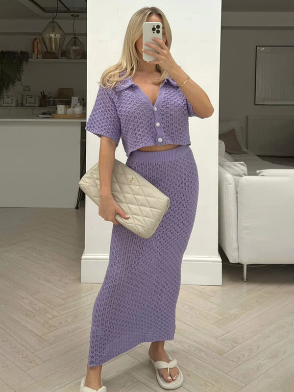 Knitted Crochet Dress Suit Multicolor Cardigan Button Skirt All-match Set