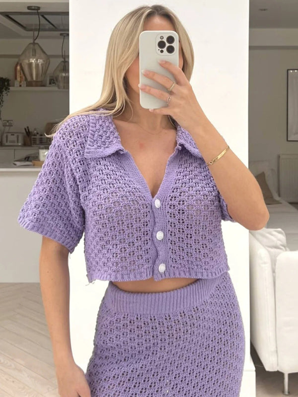 Knitted Crochet Dress Suit Multicolor Cardigan Button Skirt All-match Set