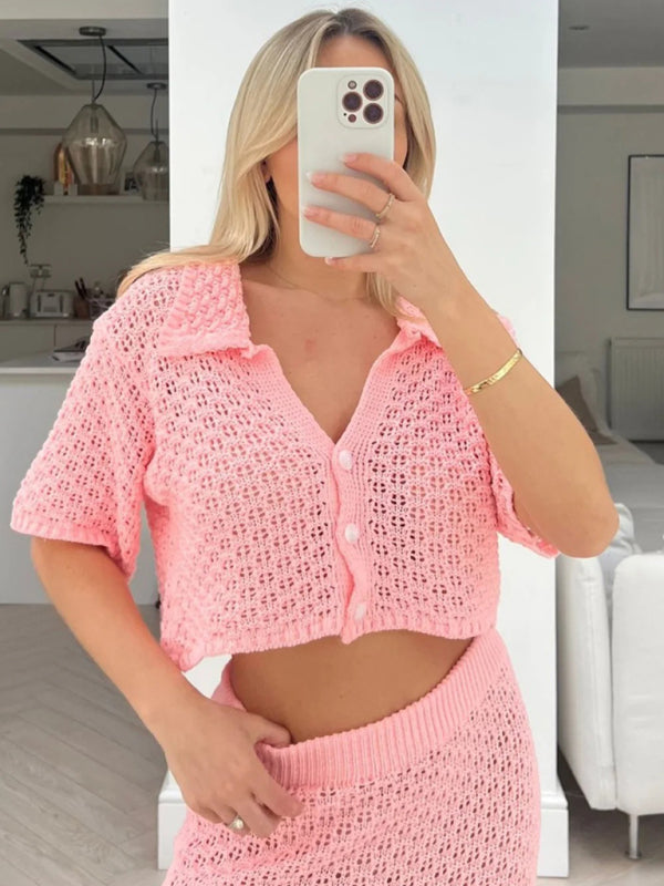 Knitted Crochet Dress Suit Multicolor Cardigan Button Skirt All-match Set