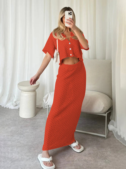 Knitted Crochet Dress Suit Multicolor Cardigan Button Skirt All-match Set