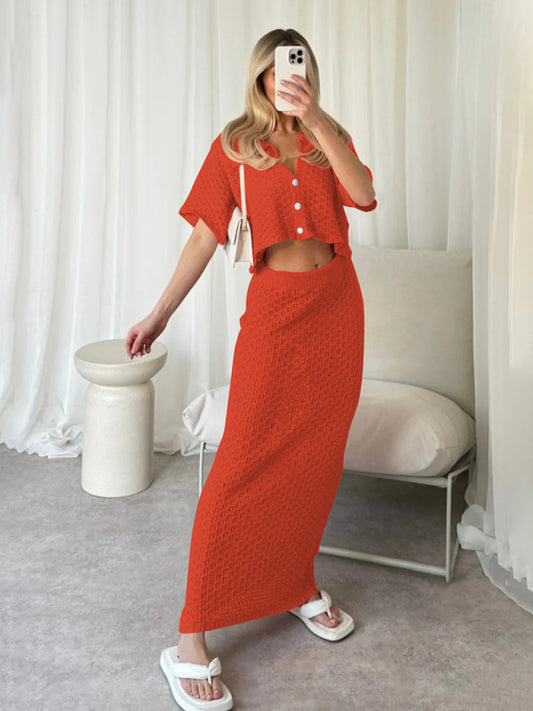 Knitted Crochet Dress Suit Multicolor Cardigan Button Skirt All-match Set
