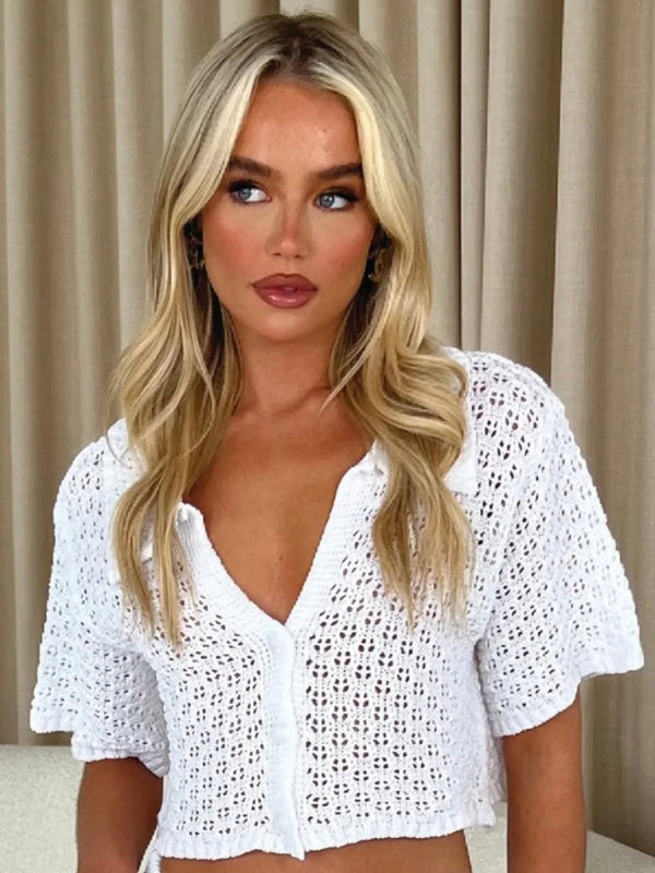 Knitted Crochet Dress Suit Multicolor Cardigan Button Skirt All-match Set