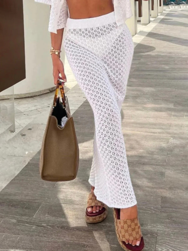 Knitted Crochet Dress Suit Multicolor Cardigan Button Skirt All-match Set