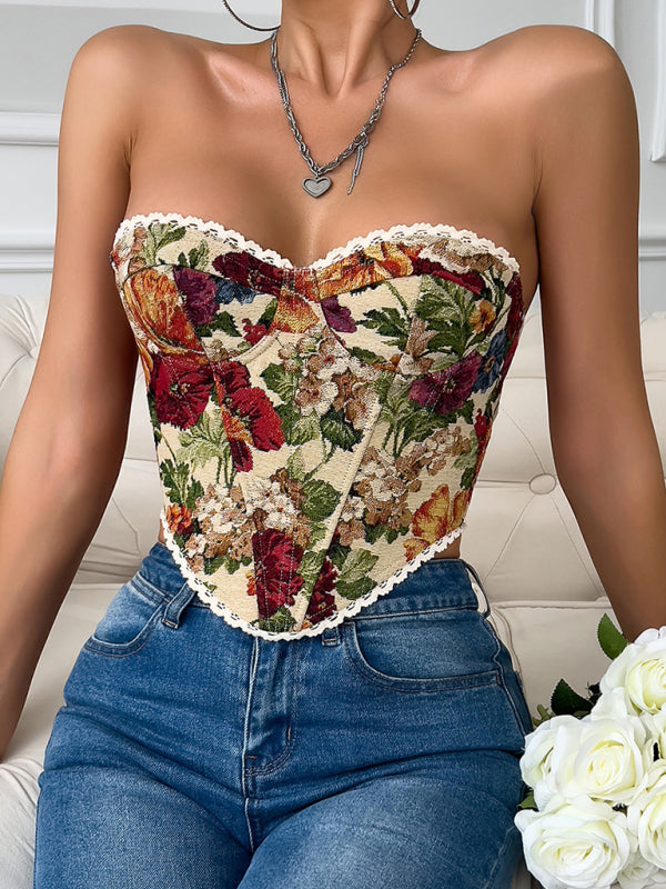 Street retro flower print chest wrap lace lace French niche fishbone small vest