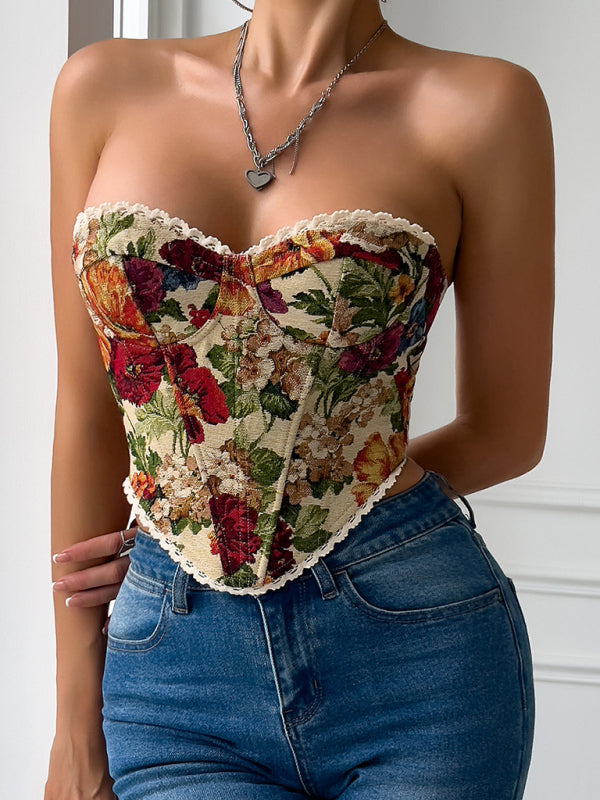 Street retro flower print chest wrap lace lace French niche fishbone small vest