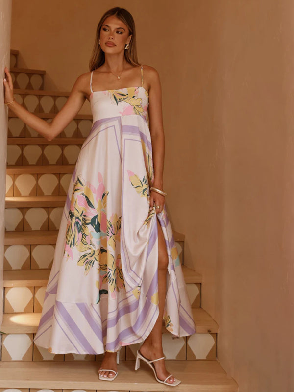 Purple Stripe Print Swing Slip Dress