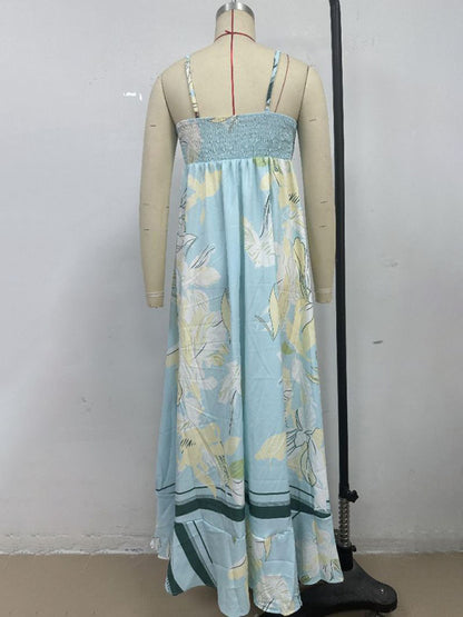 Striped print flared suspender dress