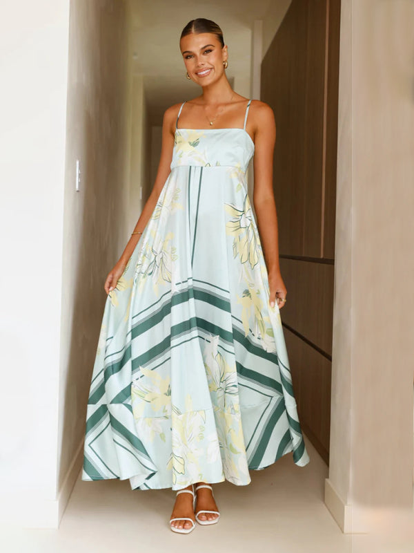 Striped print flared suspender dress