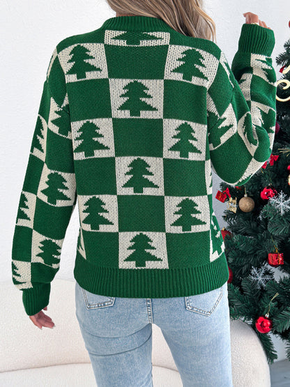 Christmas Tree Plaid Lantern Long Sleeve Pullover Sweater