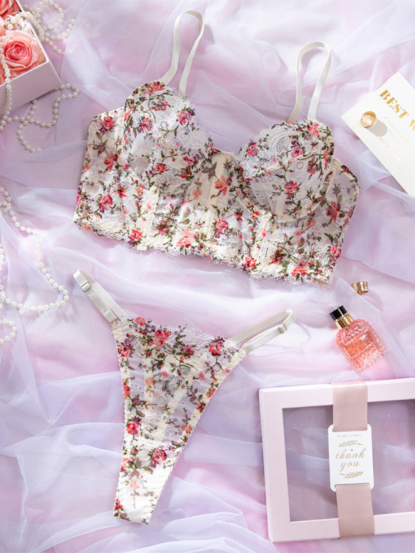 Country style hot-selling sexy lingerie set with lace print camisole, boning, comfortable and breathable, push-up design